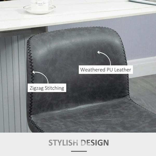 Dark grey PU leather bar stool backrest with zigzag stitching and weathered texture