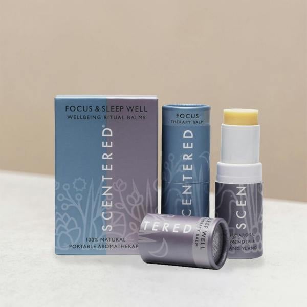 Scentered wellness focus and sleep balms and packaging on display