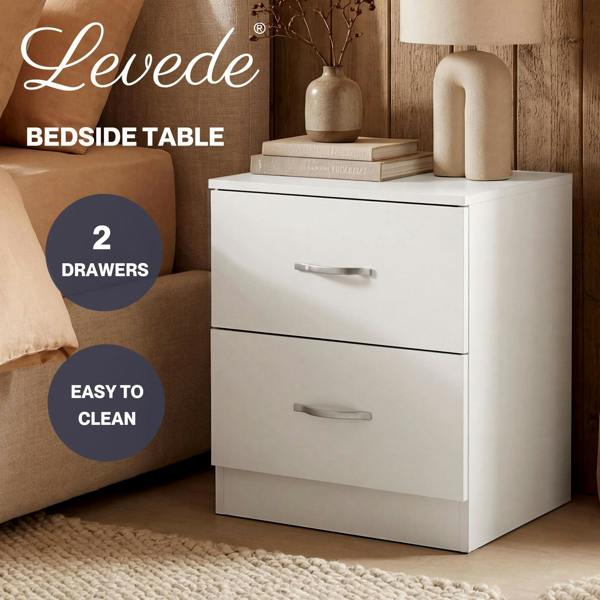 Levede Bedside Table With 2 Drawer Metal Handles Runners White Bedroom Cabinet