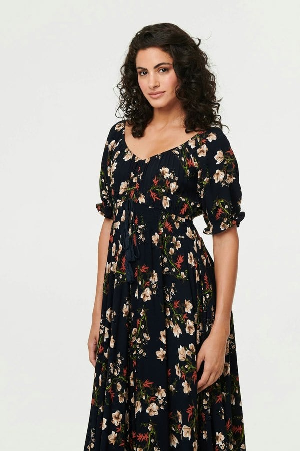 Navy | Floral Bardot Shirred Empire Maxi Dress
