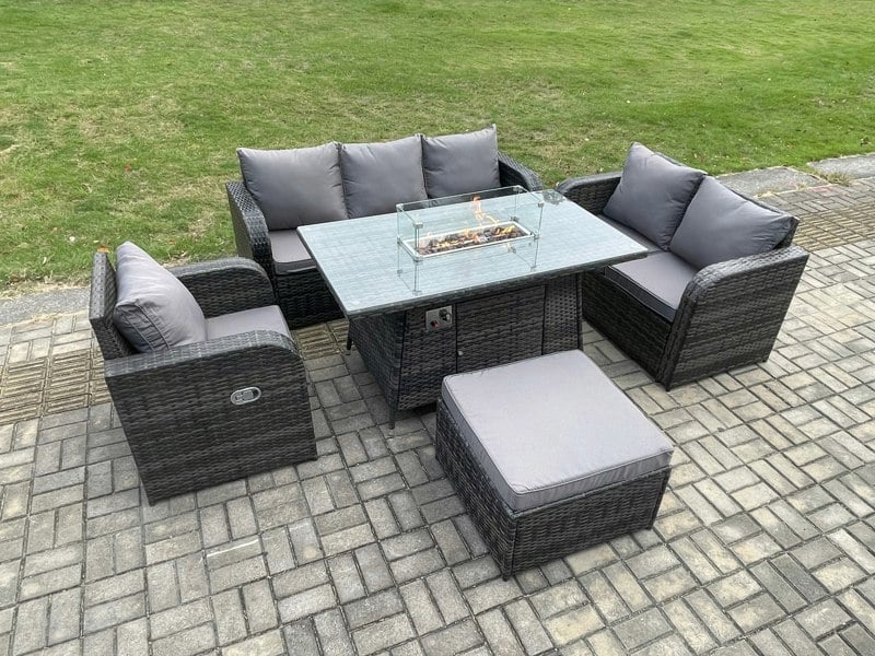 Fimous Rattan Garden Furniture Set with Fire Pit Table 7 Seater Outdoor Lounge Sofa Set Dark Grey Mixed