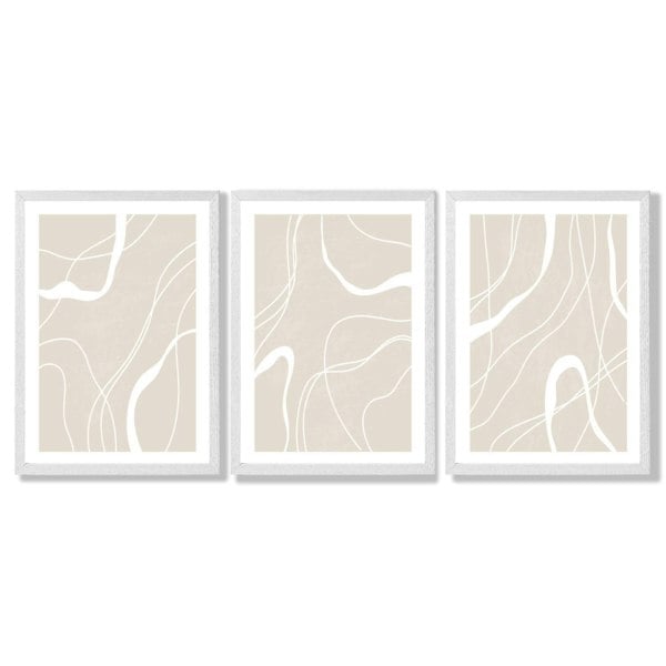 Set of 3 Abstract Neutral Beige Framed Art Prints with White Wooden Frames