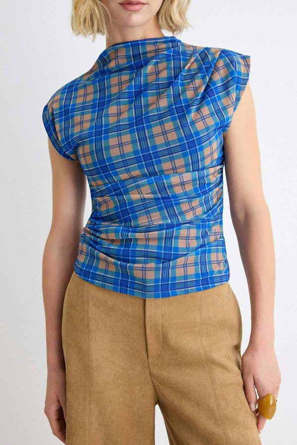 WOVCOR High Neck Sleeveless Fitted Mesh Blouse