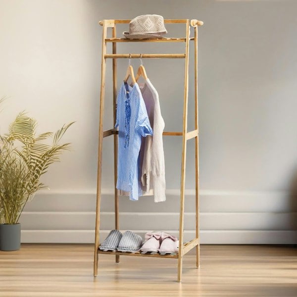BMBO Wooden Open Wardrobe Garment Rail With Storage Shelf Natural Brown