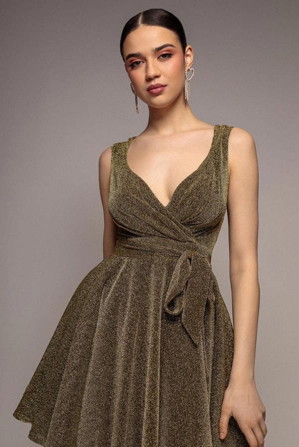 Cross Over Sleeveless Mini Skater Dress - Gold DR1891BB