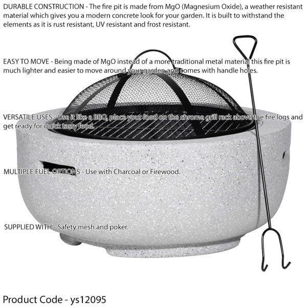 60cm Light Grey Round Fire Pit Wood Burner & BBQ Grill Party Garden Heater - LoopsDirect
