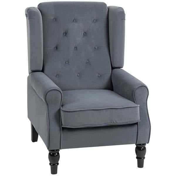 Grey wingback accent chair with button-tufted back, rolled arms, and cushioned seat.