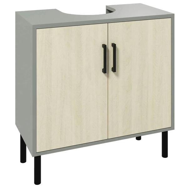 Bathroom under-sink cabinet with double doors, vertical handles, natural wood finish.