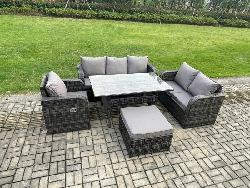 Fimous 7 Seater Garden Rattan Furniture Dining Table Sofa Set Indoor Outdoor with Reclining Chairs Big Footstool Dark Grey Mixed