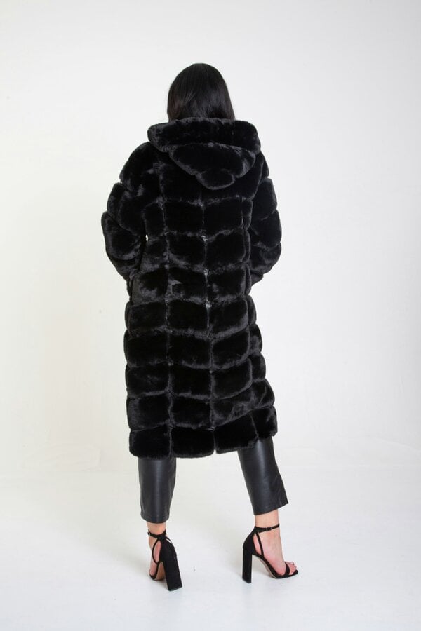 Gini London Black Panelled Hooded Longline Fur Coat