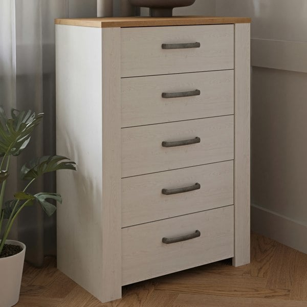 Furniture To Go Bohol 5 Drawer Narrow Chest in Riviera Oak/White