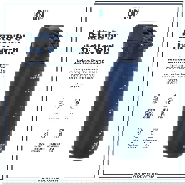 A dark-blue water bottle sits on a white background; it is made from a plant-based polymer and shows volume markings.