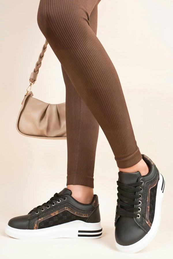 Zerina Lace Up Chunky Trainers With Print Detail - Black