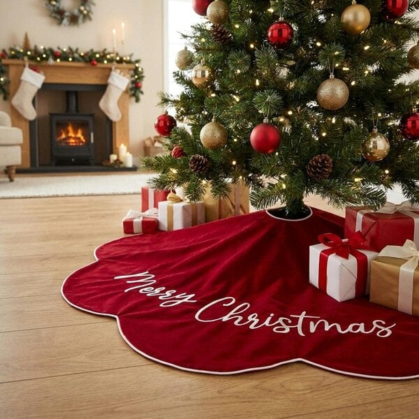 Garden Greatness Classic Red Embroidered Merry Christmas Tree Skirt