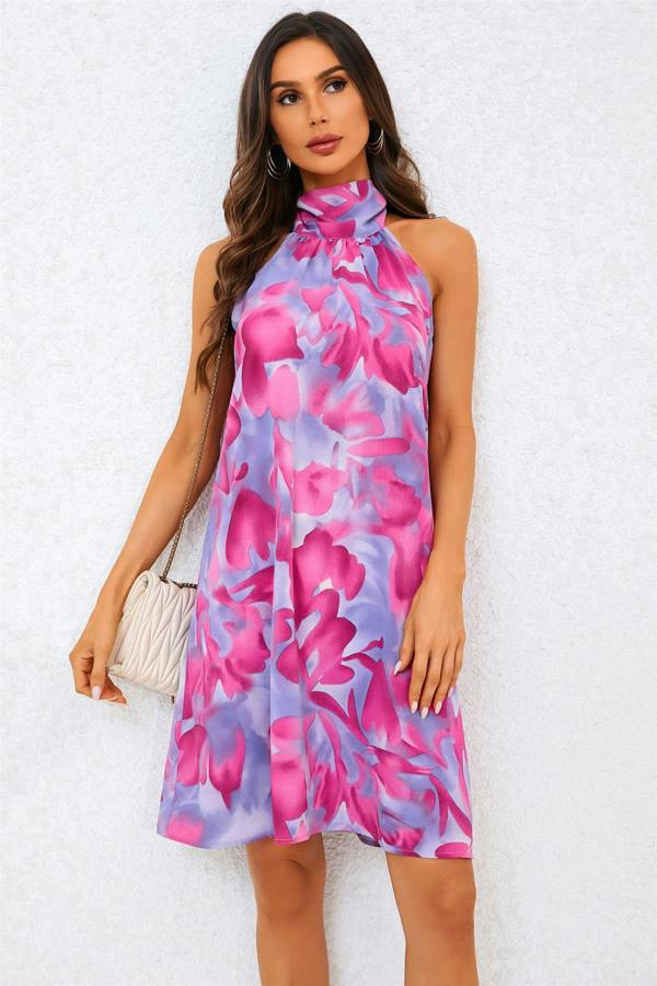 FS Collection Abstract Floral Print Halter Neck Tie Back Mini Dress In Pink