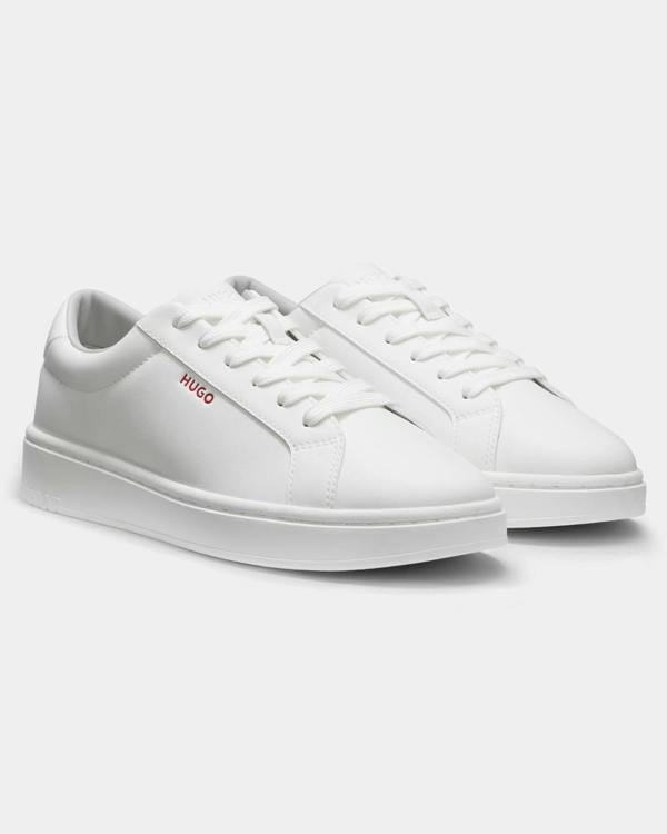 HUGO Neston Mens Contrast-Logo Trainers in Faux Leather - White 100 | CHO | Designer Mens Trainers
