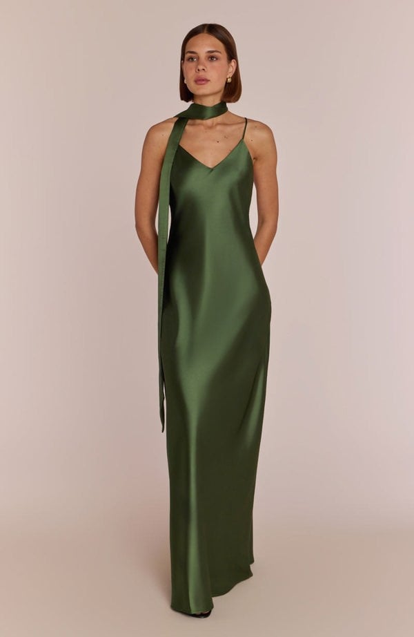 Rewritten London Brooklyn Dress in Olive Green Satin