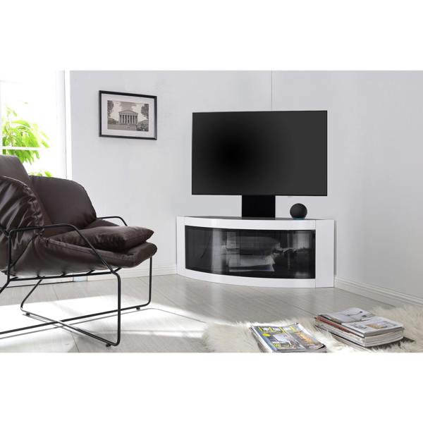 Homeology PANGEA Black/White Beam-Thru Curved True-Corner 32"-50" TV Cabinet with Mounting Arm