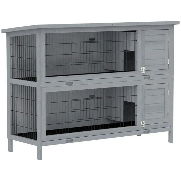 Grey rabbit hutch with two wire cages and double doors, elevated frame