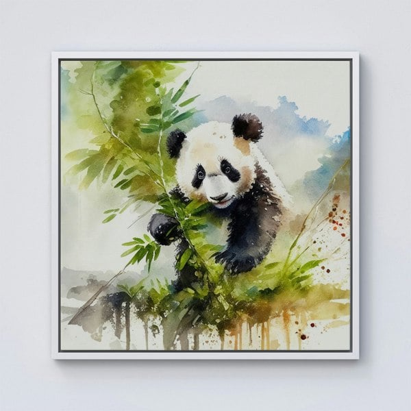 Warren Reed Panda Eating Bamboo Watercolour Framed Canvas