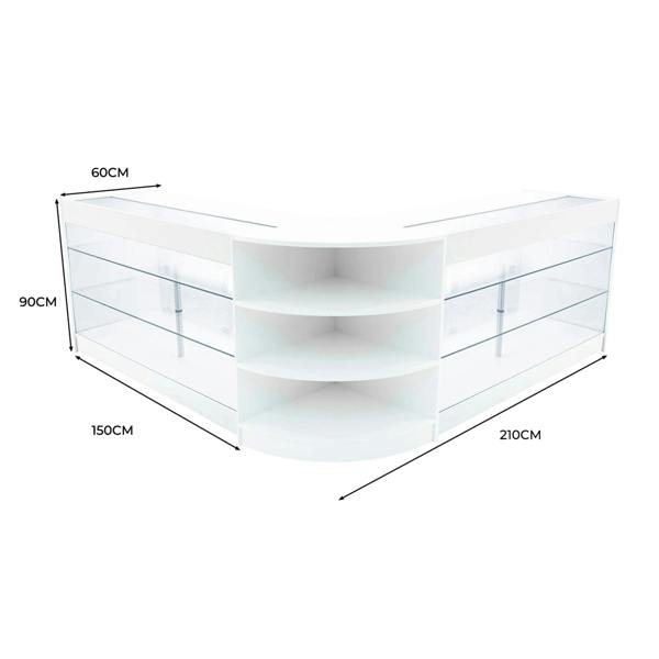Curved white LED shop counter set with glass shelves, measuring 210cm x 150cm x 90cm, ideal for retail displays
