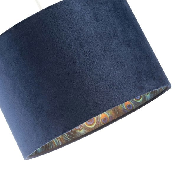 Midnight Blue Velvet Lamp Shade with Colourful Peacock Feather Inner Image 3