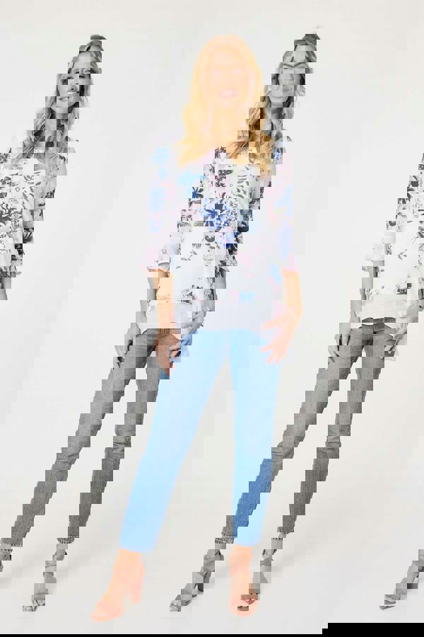 Pink | Floral 3/4 Flare Sleeve Curve Hem Top