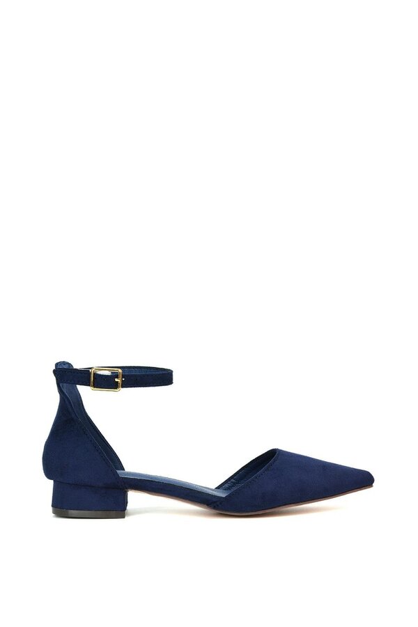 XY LONDON Low Heel Flat Pointed Toe Ankle Strap Court Shoes - Navy