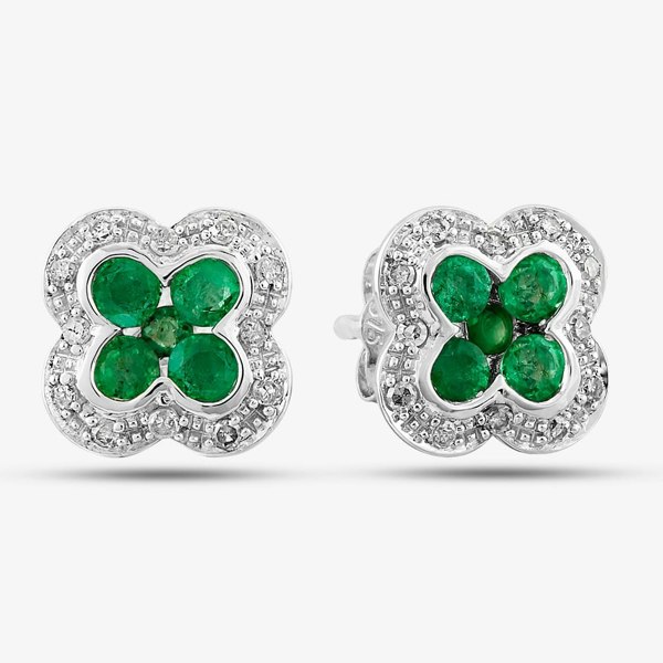 T. H. Baker 9ct White Gold Emerald and Diamond Quatrefoil Cluster Stud Earrings PE04942 EM