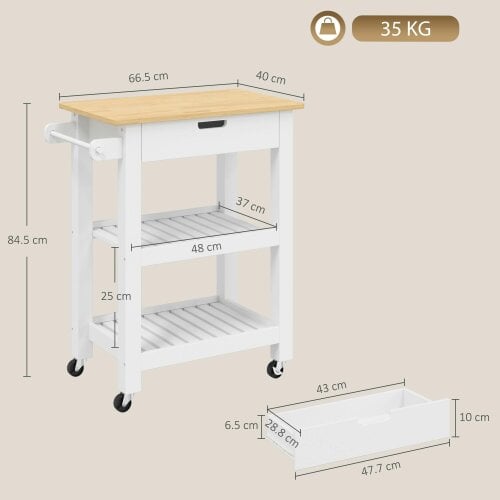 HOMCOM Kitchen Trolley Utility Cart on Wheels with Rubberwood Worktop White