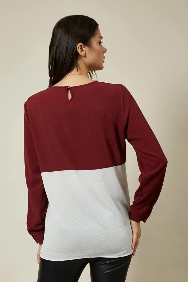 Hoxton Gal Long Sleeve Relaxed Fit Block Top With Necklace In Burgundy And White