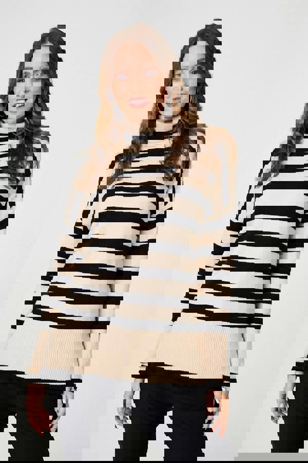 Beige | Striped Relaxed Roll Neck Jumper
