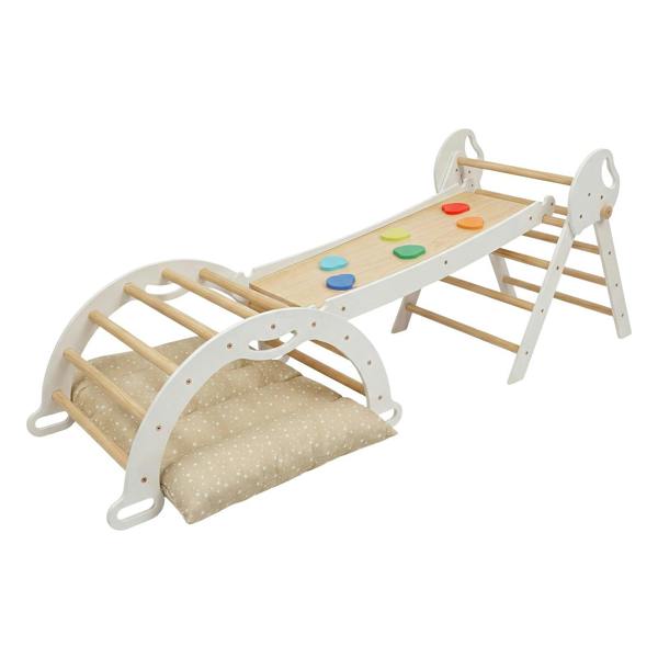 DEKKO 8 in 1 Triangle Climbing Set Kids Wooden Climber with Arch Slide Cushion