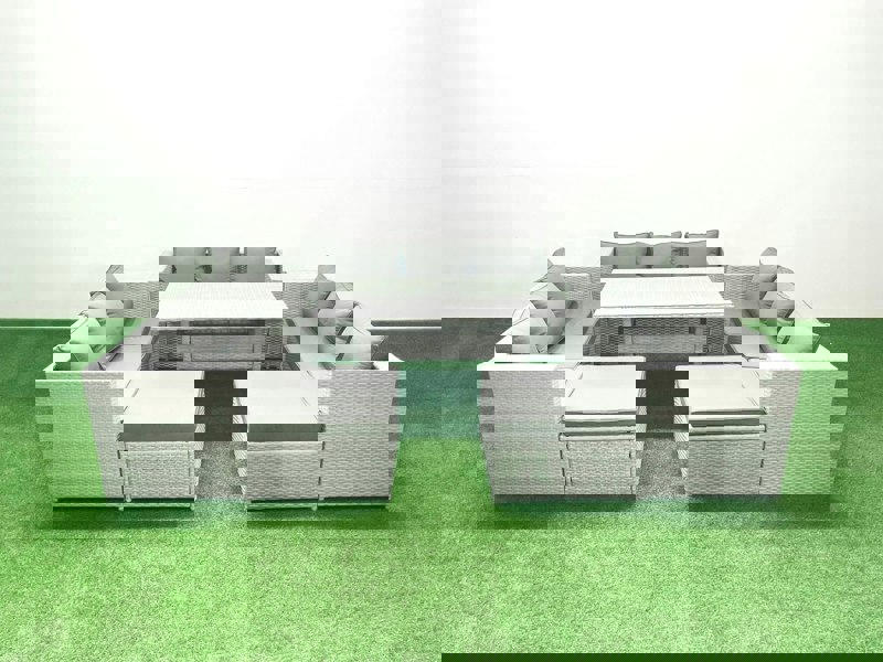 Fimous Rattan Garden Outdoor Furniture Set 11 Seater Garden Sofa Rectangulr Dining Table Set with 2 Big Footstools Light Grey Mixed