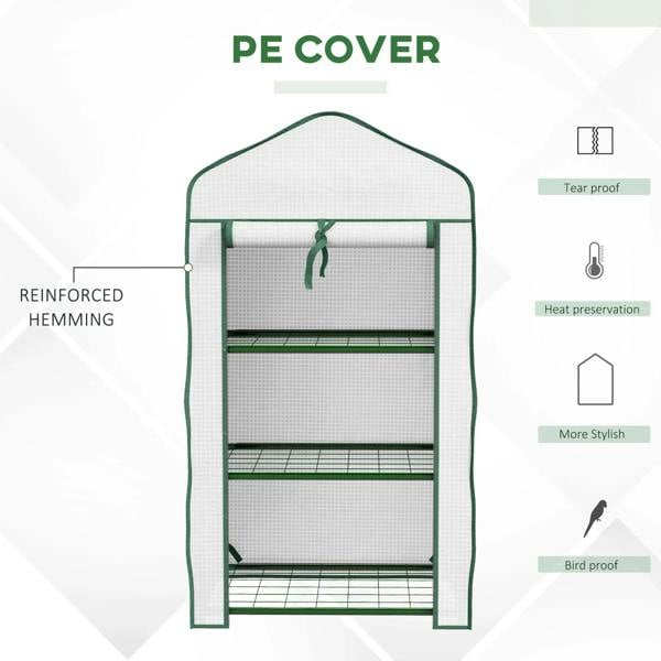 White three-tier mini greenhouse with green-framed PE cover and three wire shelves, front view