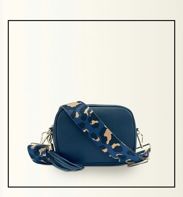 Apatchy London The Tassel Navy Leather Crossbody Bag with Grey Leopard Strap