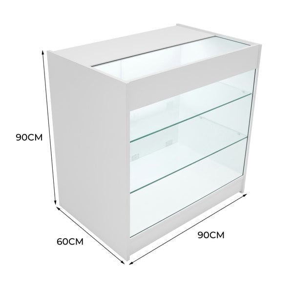 LED retail shop counter K900 in white, featuring a sleek design with glass shelves and dimensions of 90cm height, 90cm width, and 60cm depth