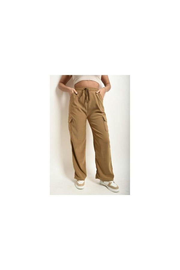 Faye Wide Leg Drawstring Waist Flap Pocket Trouser - Mocha
