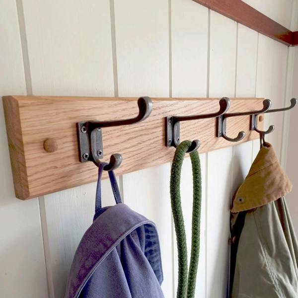 Handcrafted Solid Oak Coat Rack with Cast Iron Hall Stand Hooks