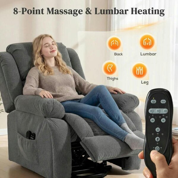 Recliner Armchair Lift Chair, Electric Recliner Chair with Vibration Massage and Heat, Wide Seat, USB Port, Grey