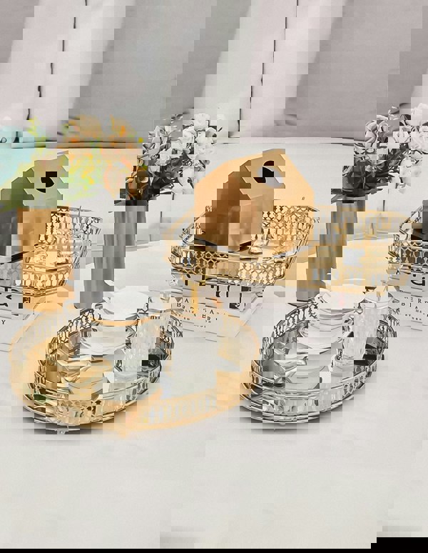 ANYHOUZ 35cm Gold Rectangle Glass Mirror Base Metal Vanity Food Serving Organisr Jewelry Cosmetics Storage Tray with Handle