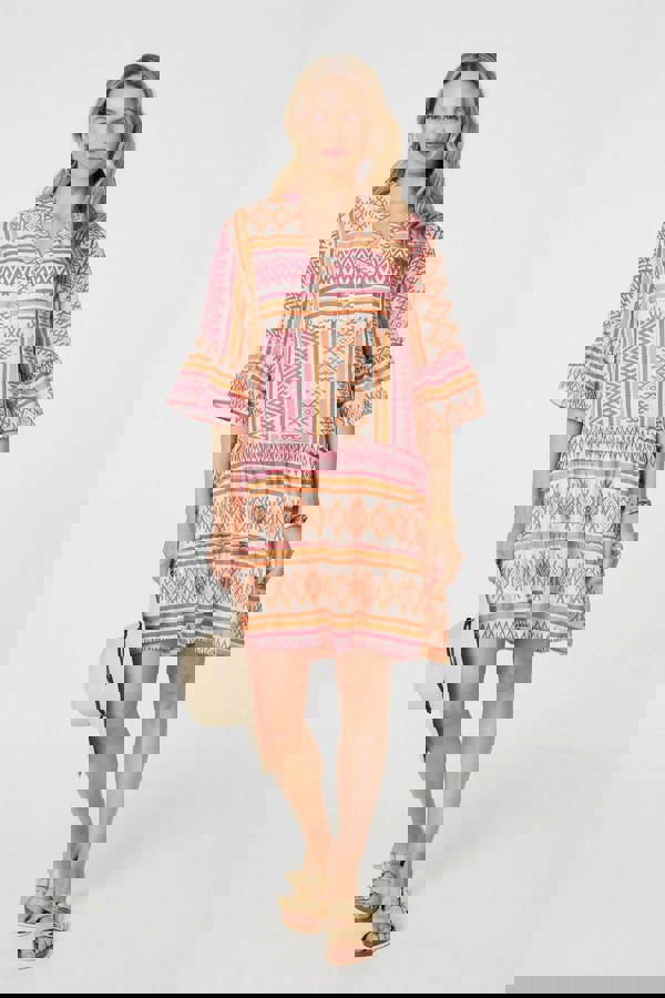 Pink | Aztec Print V-Neck 3/4 Sleeve Short Dress
