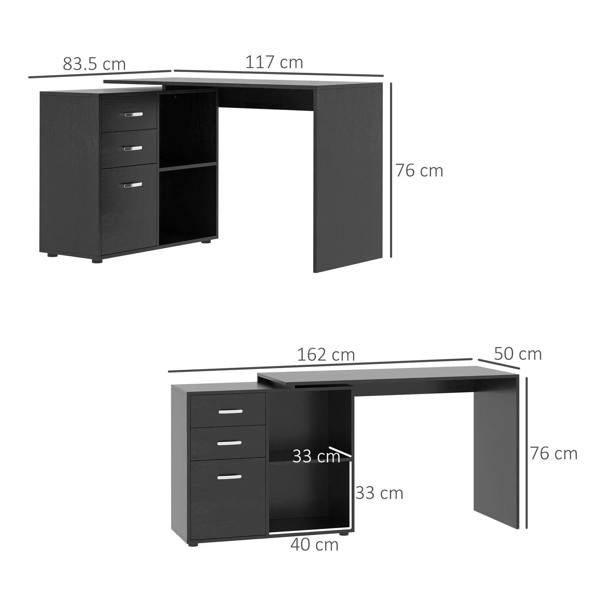 Black L-shaped desk with drawer units and open cubby storage, shown with measurements