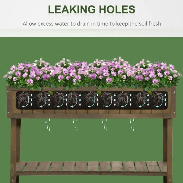 Brown wooden raised herb planter with drainage holes under the inner base