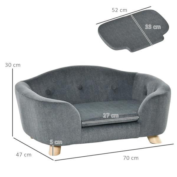 Grey pet sofa bed with curved arms, plush seat, button-tufted back, and wooden legs