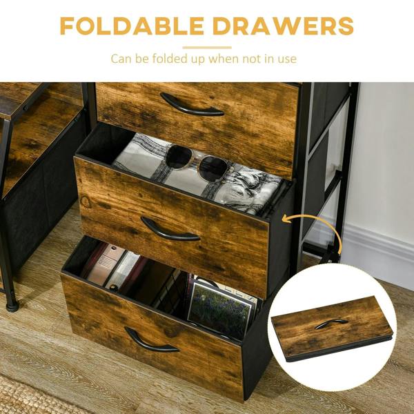 Rustic brown folding drawers with black handles and items stored inside