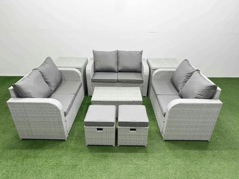 Fimous  9 Seater PE Wicker Rattan Furniture Sofa Sets with Rectangular Coffee Table 2 Seater Love Sofa 3 Stool 2 Side Table Light Grey