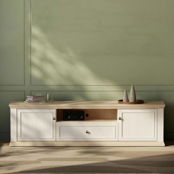 Furniture To Go Pontypool Wide TV Unit with 2 Doors, Drawer & Open Shelf in White and Riva Oak