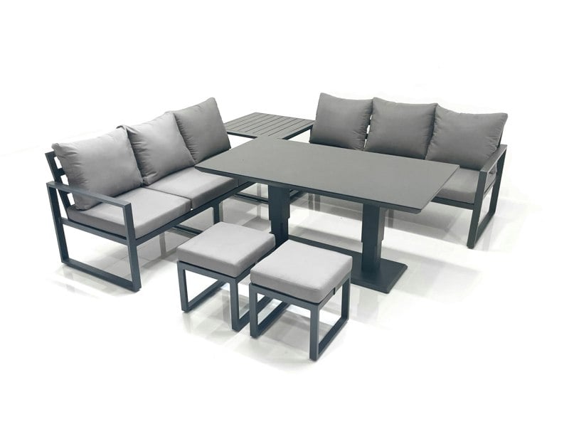 Fimous 8 Seater Aluminium Outdoor Garden Furniture Set with Adjustable Rising Dining Table 3 Seater Sofa 2 Small Footstool Side Table Dark Grey