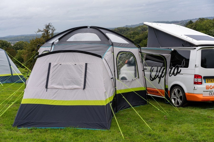 The OLPRO Hive Campervan Awning Fibreglass Poles - with Sleeping Pod attached to a Volkswagen Camper Van